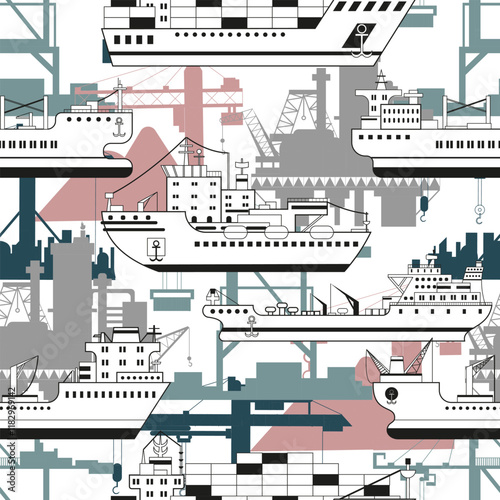 Seamless pattern of containership, bulker, tanker and icebreaker with silhouettes of cargo port cranes against white background. Trade, business, import, export, logistics concept. 