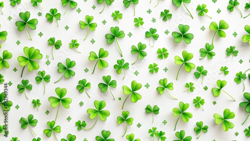 Clean white holiday backdrop, subtly adorned with a clover pattern; minimalist winter elegance.