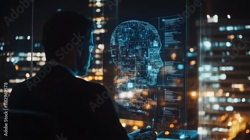 AI technology, artificial intelligence in work to help maximize efficiency, businessman uses AI technology to help analyze big data and use it in human daily life, future technology.