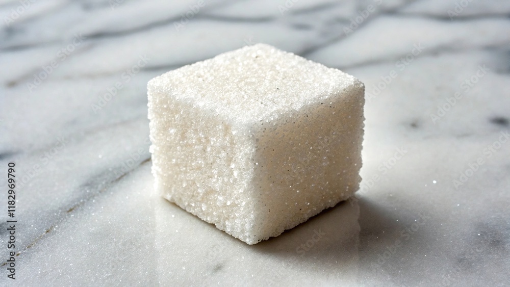 Overhead shot of a single cube of sugar on a marble surface. Overhead shot of a single cube of sugar on a marble surface.