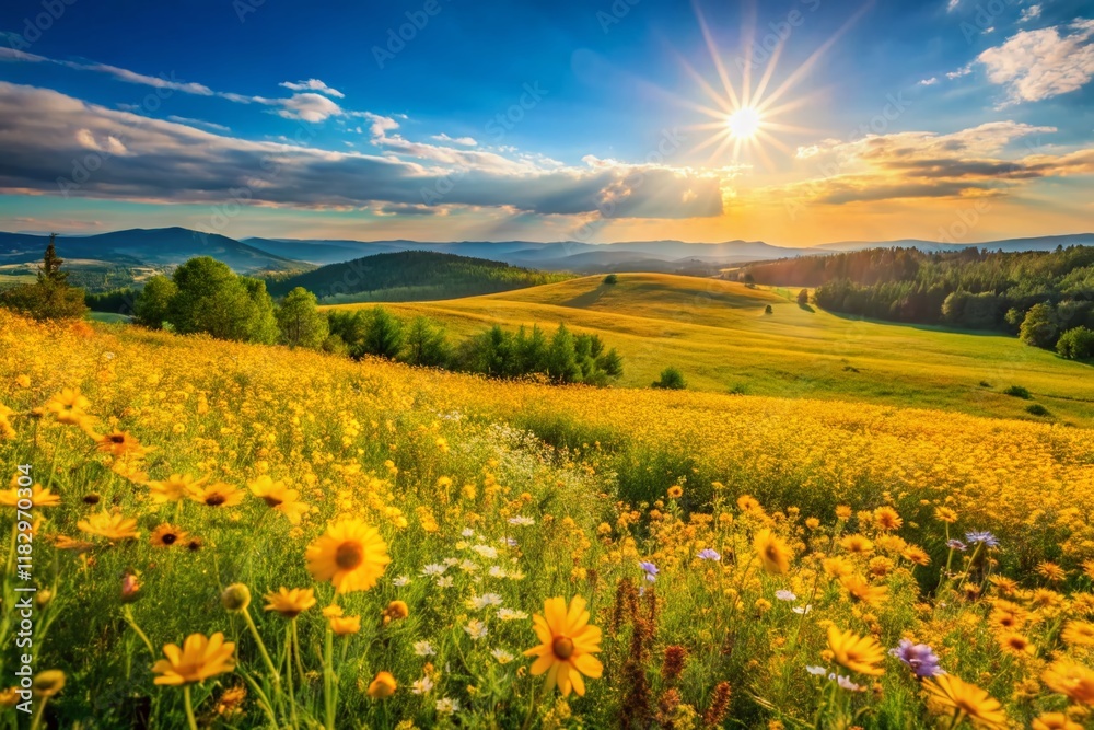 Obraz premium Golden Flowers of Russia: Blooming Wildflowers in a Sunny Meadow