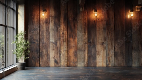 Rustic Wooden Wall Interior Design with Warm Lighting and Plant