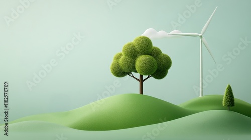 A windmill is on a hill next to a tree
