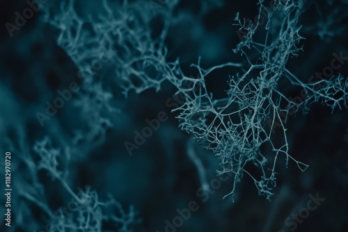 Abstract close-up of interconnected organic structures showcasing intricate details and delicate formations in a dark blue background for science and art themes photo