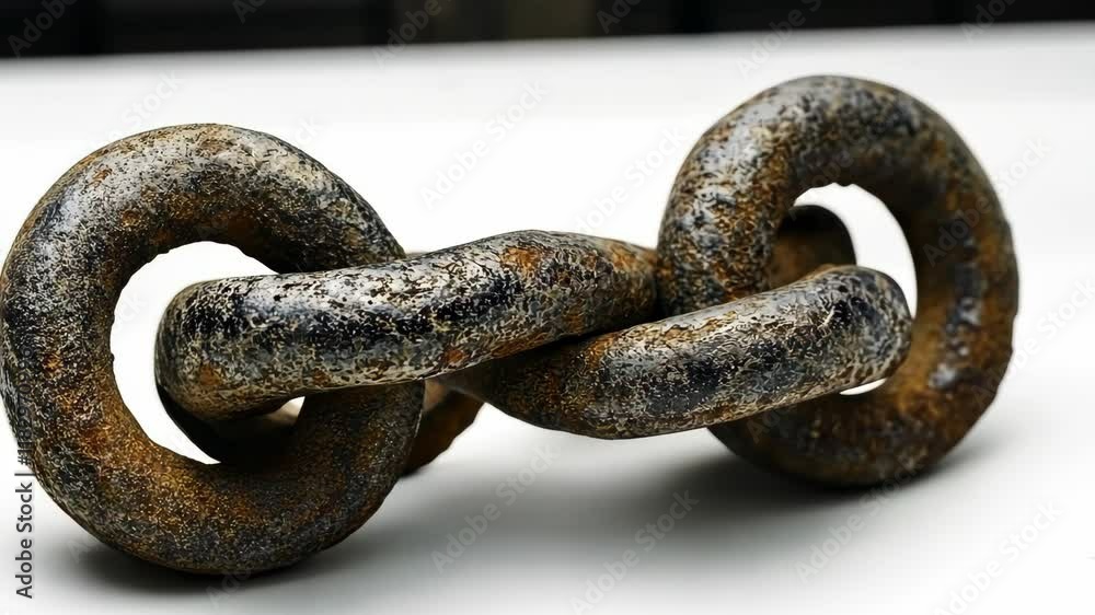Strong metallic chain link resting on a flat surface highlighting its rustic texture and durability under natural lighting Strong metallic chain link resting on a flat surface highlighting its rustic texture and durability under natural lighting