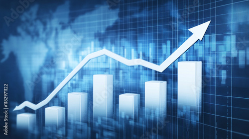 Rising glow arrows on white blocks business chart steps on blue background with line graph table. The business growth graph process, goal, success, and economic improvement and data analysis concepts.
