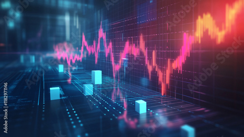 Rising glow arrows on white blocks business chart steps on blue background with line graph table. The business growth graph process, goal, success, and economic improvement and data analysis concepts.