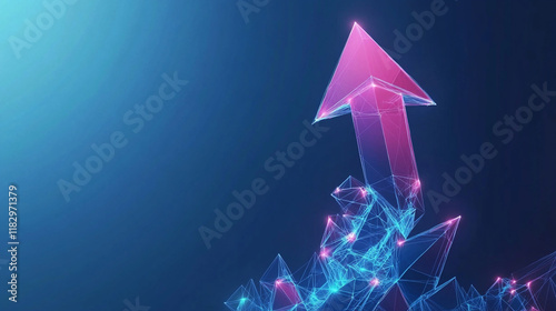 Abstract digital 3D polygonal growth arrow up on technology blue background. Career growth. Finance and business success concept. Polygonal wireframe arrow. Low poly vector illustration.