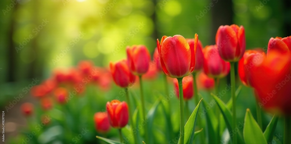 Obraz premium Lush green foliage and red tulips create a visually appealing scene, bokeh, leaves