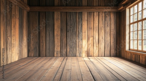Rustic Wooden Room Interior Design: Warm, inviting space with natural wood walls and floors, sunlight streaming through a large window, creating a serene atmosphere.