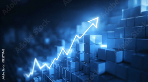 Rise up glowing arrow, volatility index chart on white blocks business chart steps on dark blue background. Business growth graph process, goal, success and economic improvement and analysis concepts.