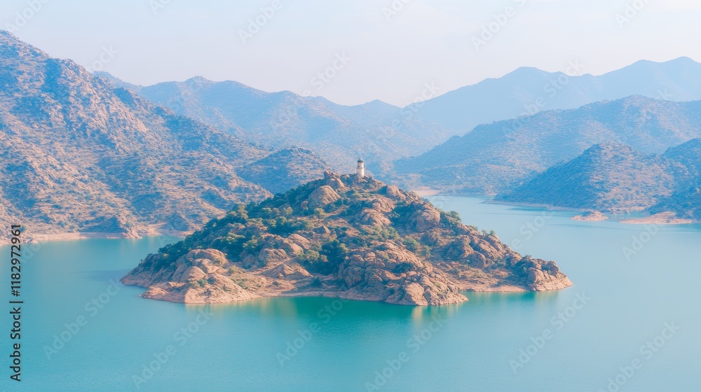 Obraz premium Serene Mountain Lake Island with Tower Structure