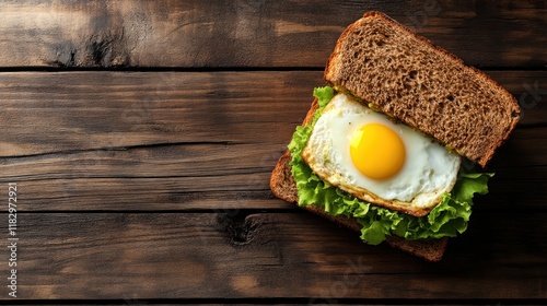 Delicious Fried Egg Sandwich on Dark Wooden Background