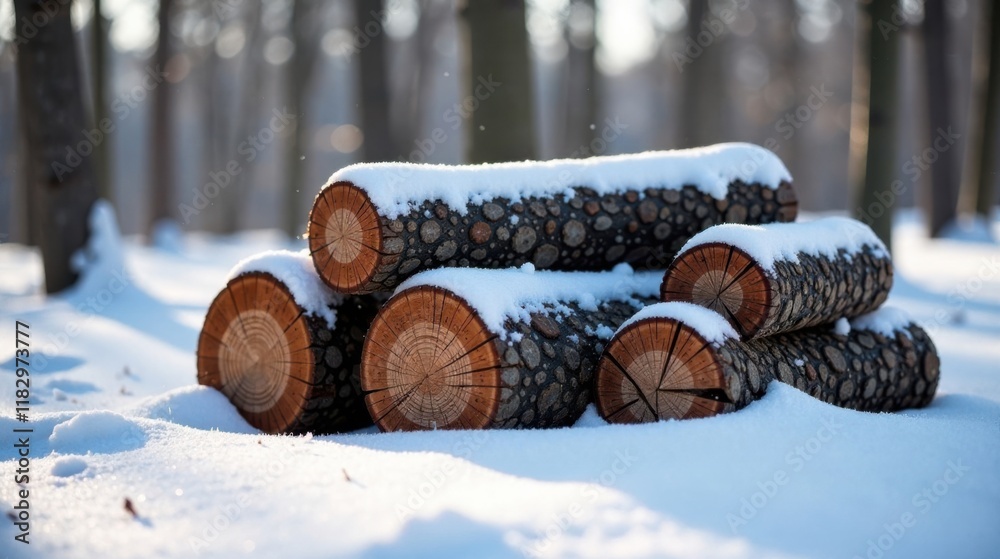 Winter's Embrace Snow-Covered Logs in a Forest Setting