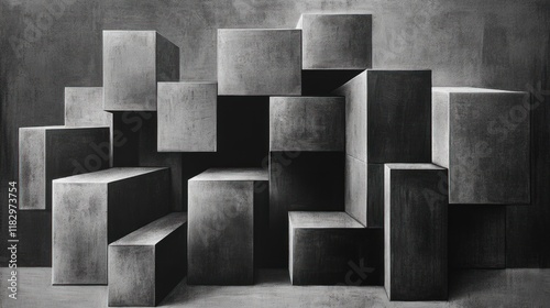 Abstract Monochromatic Composition: Interlocking Cubes in Shades of Grey