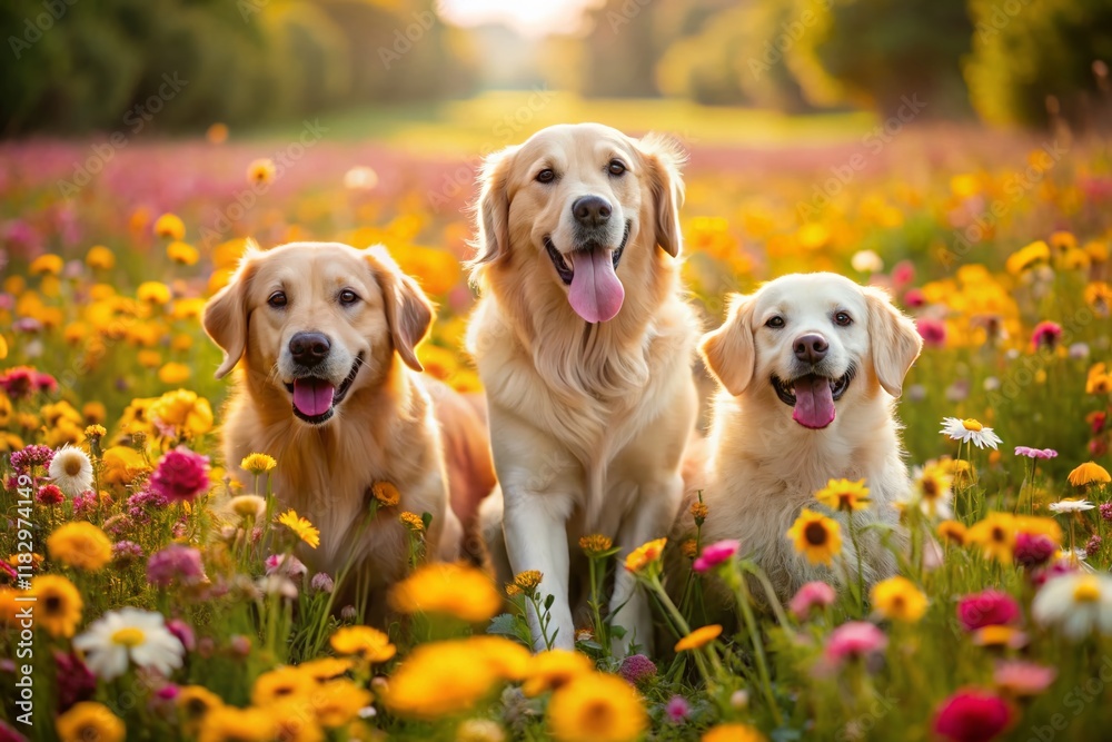 Golden Retriever Puppy Family in Vibrant Flower Garden - Aerial View Golden Retriever Puppy Family in Vibrant Flower Garden - Aerial View