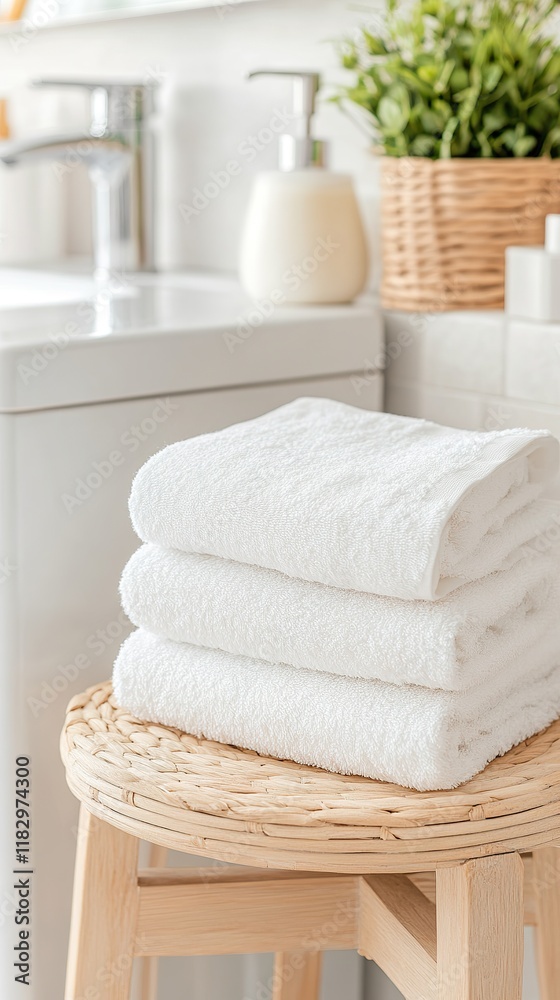 Clean white towels on wooden stool in bright bathroom setting Clean white towels on wooden stool in bright bathroom setting