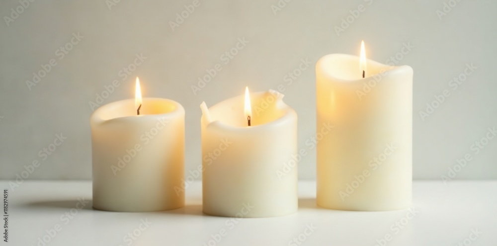 Three white wax candles on table isolated in soft light shadow, hazy, lighting Three white wax candles on table isolated in soft light shadow, hazy, lighting