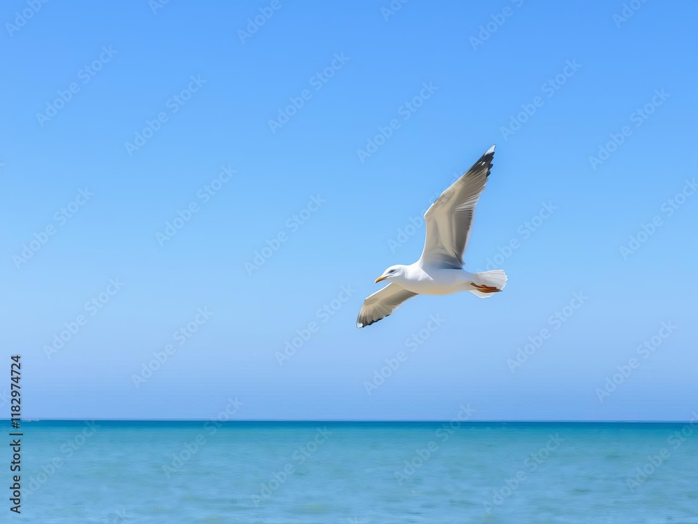 Obraz premium Seagull seabird gracefully soaring over the Aegean Sea near Thessaloniki, Greece, nature, seagull, blue sky