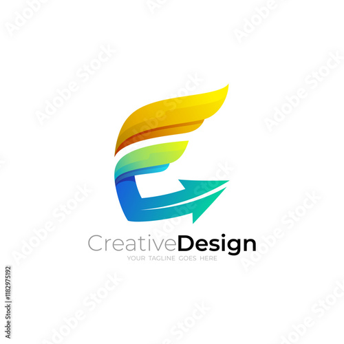 E logo and arrow design combination, 3d colorful style