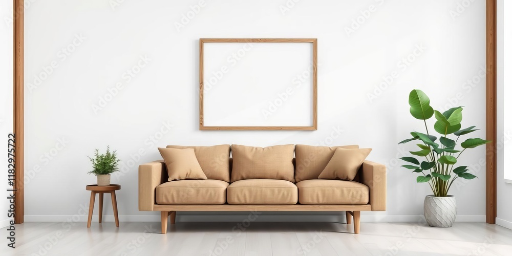 Obraz premium Square wooden frame mock up with sofa, green plants, and white wall in modern living room interior, showcasing minimalistic design and natural elements, wooden, stock photo, modern