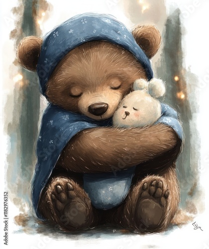 adorable bear in nightcap hugging soft toy in cozy bed chamber photo