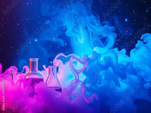 Vibrant abstract blue outer space background with galaxy sky, ocean sea, mystical liquid, chemicals, smoke, and biology creative backdrop, chemicals, outer space, creative