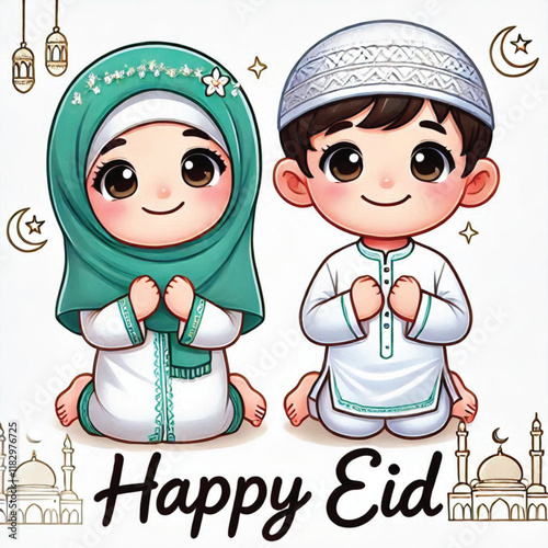 Muslim cartoon little girl and boy saying happy eid