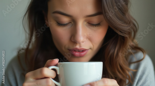 Wallpaper Mural Closeup of a woman enjoying her coffee in the morning at home or after arriving to work. White coffee cup. Eyes closed. Smelling the aroma of coffee. Torontodigital.ca