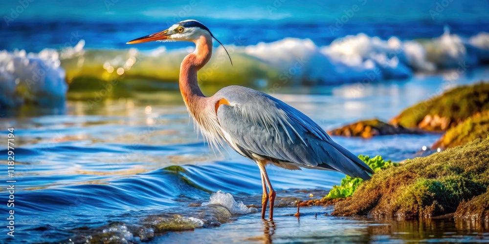 Naklejka premium Heron Fishing in Puget Sound: Captivating Macro Photography of Wildlife, Nature, Shoreline, and Aquatic Life in a Serene Coastal Environment