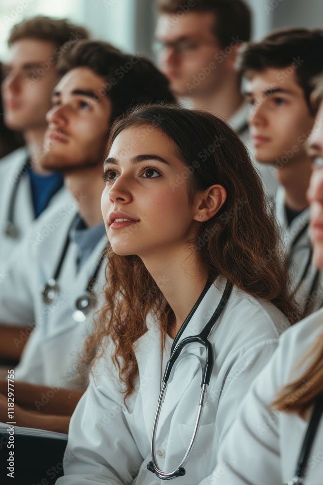 Focused Medical Students in a Lecture Hall Attentively Listening to a Professor Focused Medical Students in a Lecture Hall Attentively Listening to a Professor