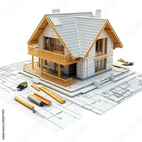 Modern House Model with Blueprints on Transparent Background