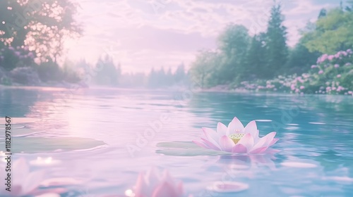 Serene Pink Lotus Blossom on Calm Lake at Dawn