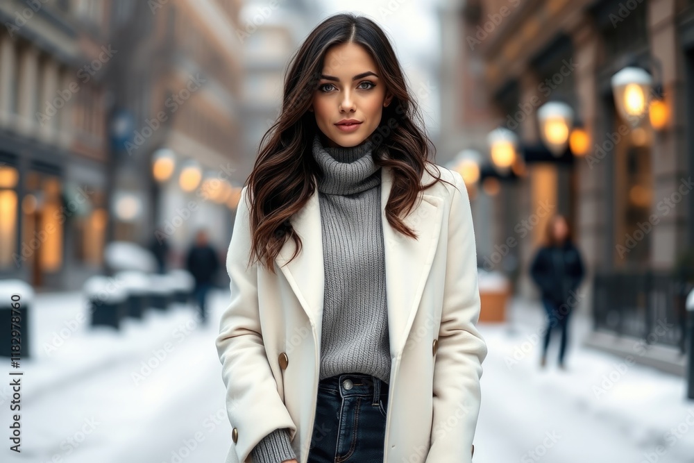 Fototapeta premium Fashionable woman strolls through a snow-covered urban street, wearing a cozy turtleneck and a stylish coat, embodying winter fashion trends with confidence