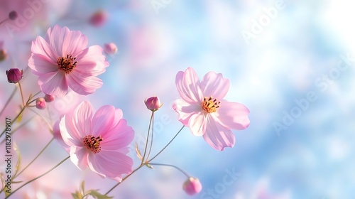 Delicate Pink Cosmos Flowers Blooming in Soft Light