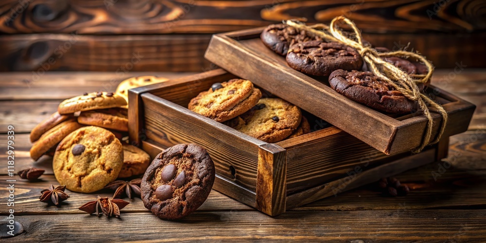 Gourmet Chocolate Cookies in Rustic Wooden Gift Box - Candid Photography Stock Photo Gourmet Chocolate Cookies in Rustic Wooden Gift Box - Candid Photography Stock Photo