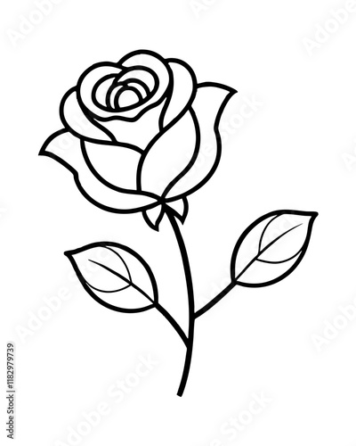 Rose Flower with Two Leaves Vector Outline Line Art Design, Elegant Floral Illustration