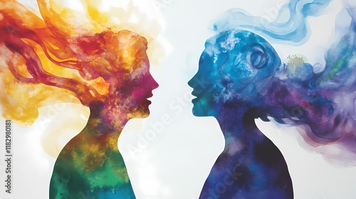 Vibrant watercolor silhouette of two people conversing, with colorful, flowing ideas symbolizing communication and connection. Riversong. Illustration photo