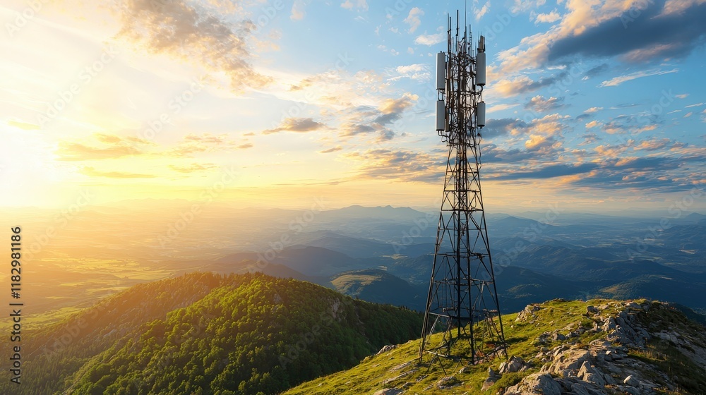 Obraz premium Telecommunication Tower on Mountain Peak at Sunset