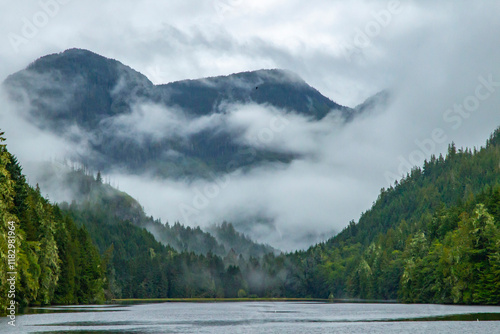 Canada, British Columbia, Inside Passage. Gilford Island ocean and mountain l...
