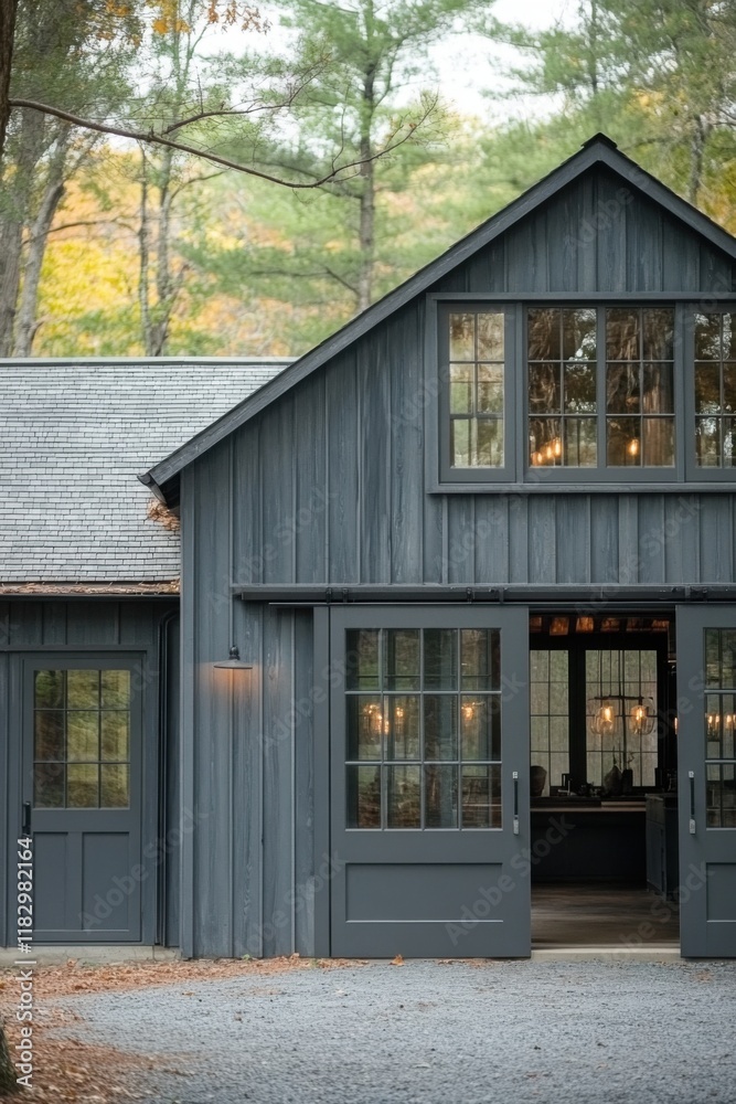 A charming rustic building features open barn doors, nestled among vibrant autumn trees, creating a serene atmosphere filled with natural light and warmth A charming rustic building features open barn doors, nestled among vibrant autumn trees, creating a serene atmosphere filled with natural light and warmth