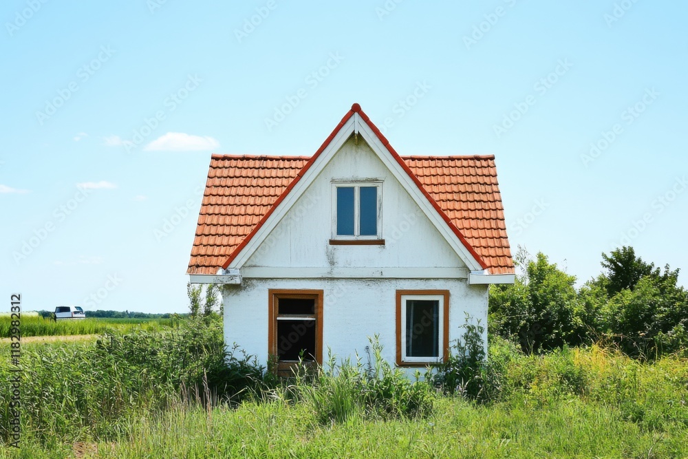 Abandoned farmhouse with red-tiled roof surrounded by overgrown grass under a clear blue sky in a rural area during daylight hours Abandoned farmhouse with red-tiled roof surrounded by overgrown grass under a clear blue sky in a rural area during daylight hours