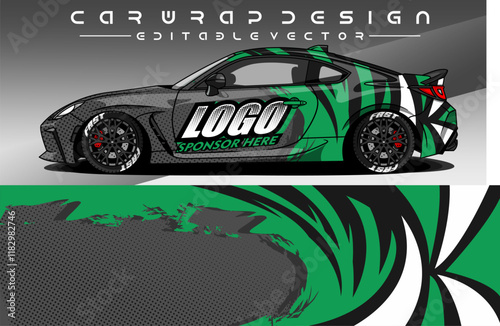 Illustration vector grahic of Car wrap decal with abstract design. Black green colour. Livery car editable. Mockup template sticker vinyl for racing, rally, or daily use.