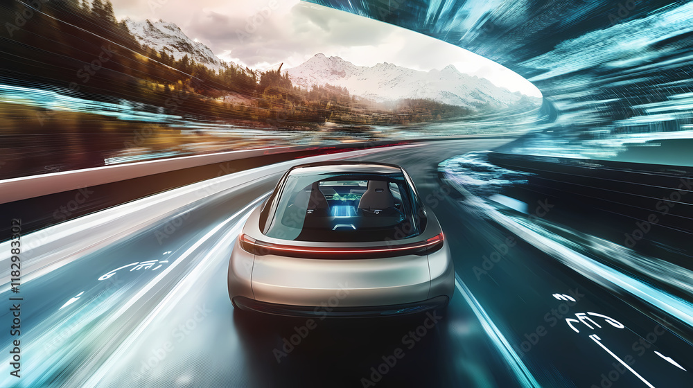 Obraz premium Rearview camera system in a modern car displaying a view for safe reversing. Riversong. Illustration