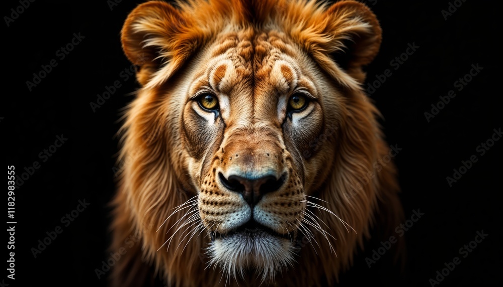 Fototapeta premium Lion featuring a golden mane large piercing eyes isolated on a black background