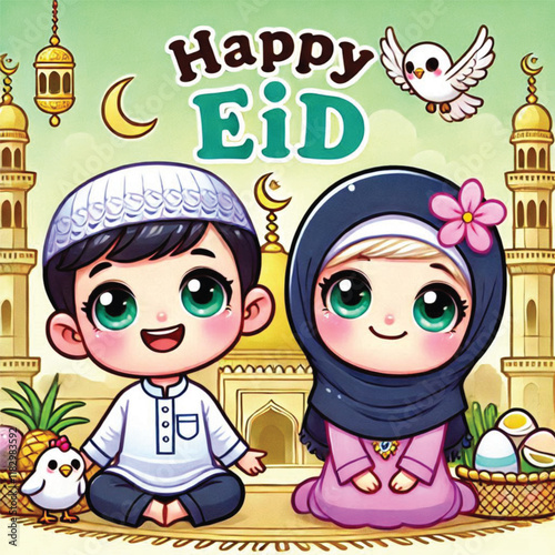 Muslim cartoon little girl and boy saying happy eid