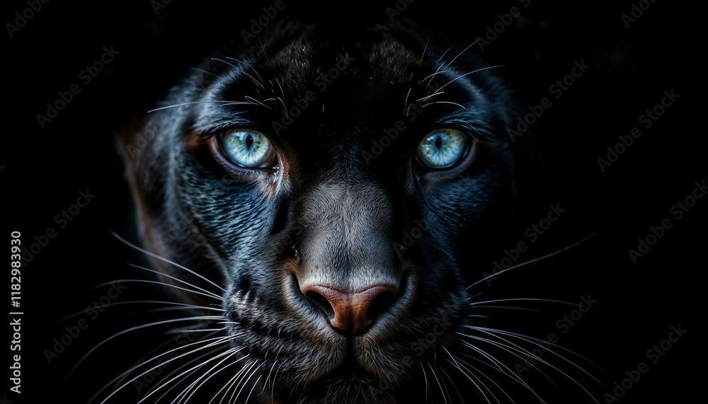 Close-up of a black panther face with intense big eyes and prominent whiskers against a black background Close-up of a black panther face with intense big eyes and prominent whiskers against a black background