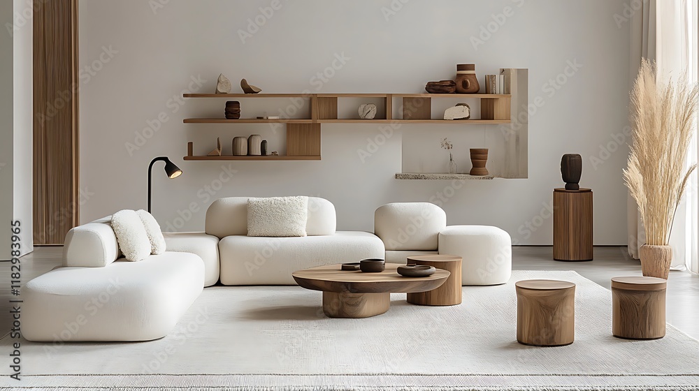 Scandinavian living room with neutral tones and minimalist furniture Scandinavian living room with neutral tones and minimalist furniture