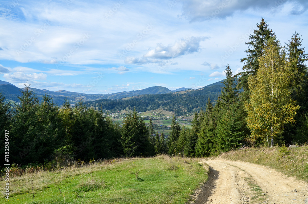 Scenic view of the Carpathian Mountains in Ukraine. A winding dirt road leads through a green meadow towards a forested mountain range. The sky is blue with white clouds Scenic view of the Carpathian Mountains in Ukraine. A winding dirt road leads through a green meadow towards a forested mountain range. The sky is blue with white clouds