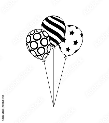 Black Outline balloons bunch. Cartoon Flat Style vector illustration Isolated on White background.